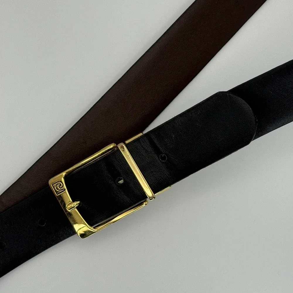 Pierre Cardin Reversible Leather Belt Black Brown Gold Buckle Made in Spain 43in